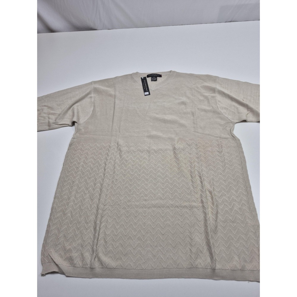 Domani Platinum Sweater Mens XL Beige Silk Cotton V Neck Knit Long Sleeve Top